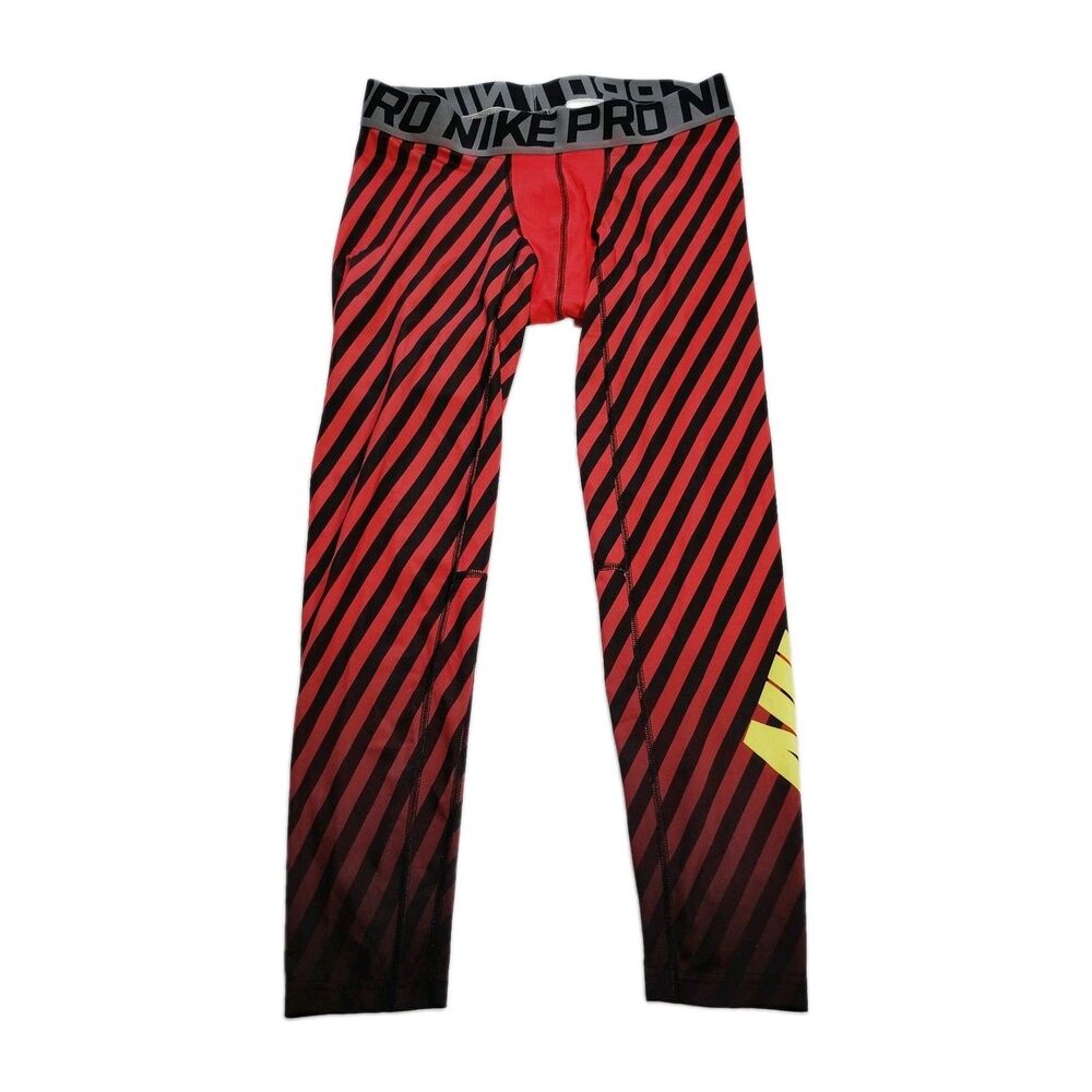 Nike Pro Men's 3/4 Fitness Tights XL Red Striped Compression Pants Training